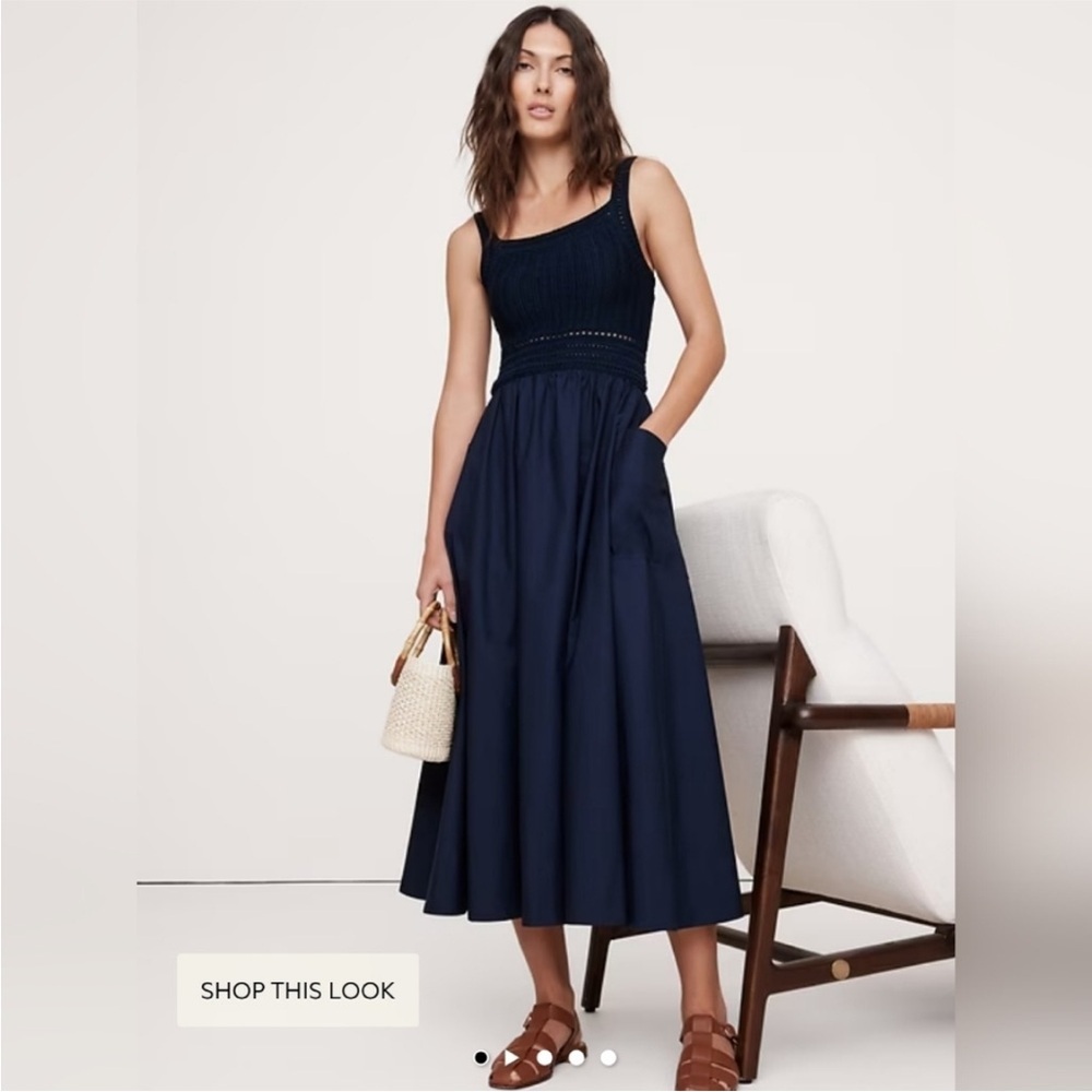 NWT! Banana Republic Navy Crochet & Cotton Poplin Mixed-Media Midi - Large
